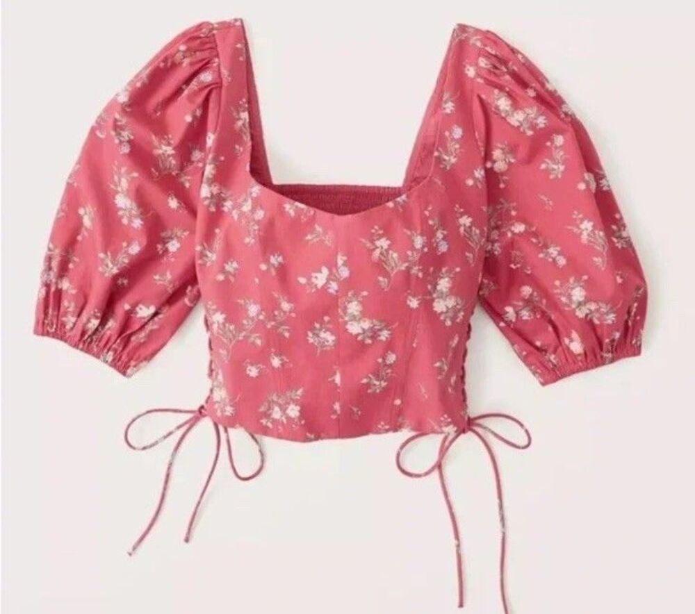 NWT Abercrombie And Fitch Floral Puff Sleeve Lace Up Poplin Corset Top Sz S